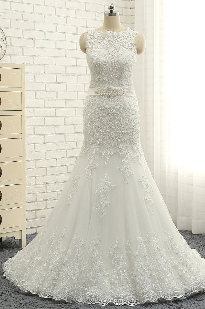 BMbridal Stylish Jewel Sleeveless Mermaid Wedding Dresses White Lace Bridal Gowns With Appliques On Sale-BMbridal