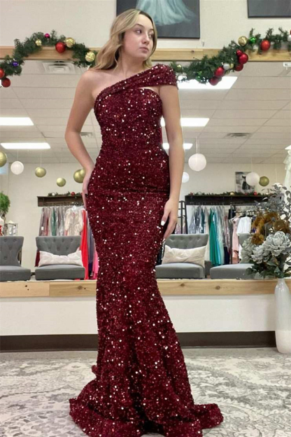 Modern Burgundy One Shoulder Mermaid Prom Dress Sequins Long