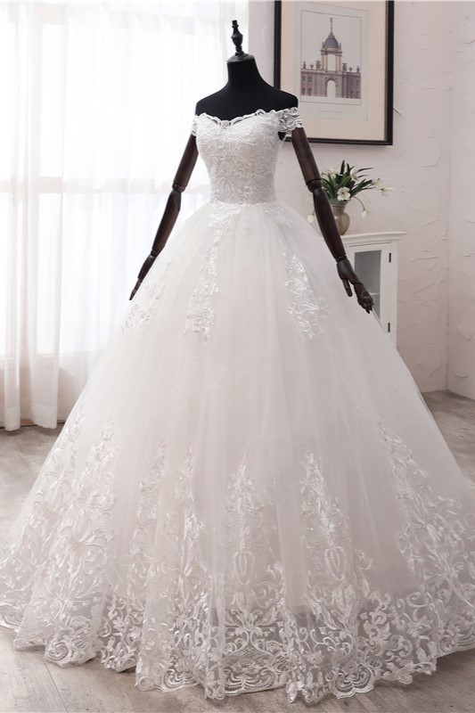 BMbridal Ball Gown Off-the-Shoulder Lace Appliques Wedding Dresses White Tulle Sleeveless Bridal Gowns-BMbridal