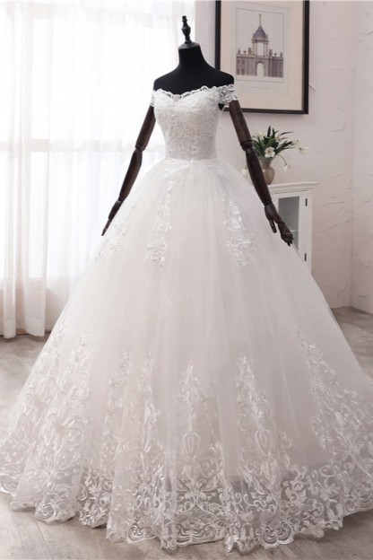BMbridal Ball Gown Off-the-Shoulder Lace Appliques Wedding Dresses White Tulle Sleeveless Bridal Gowns-BMbridal