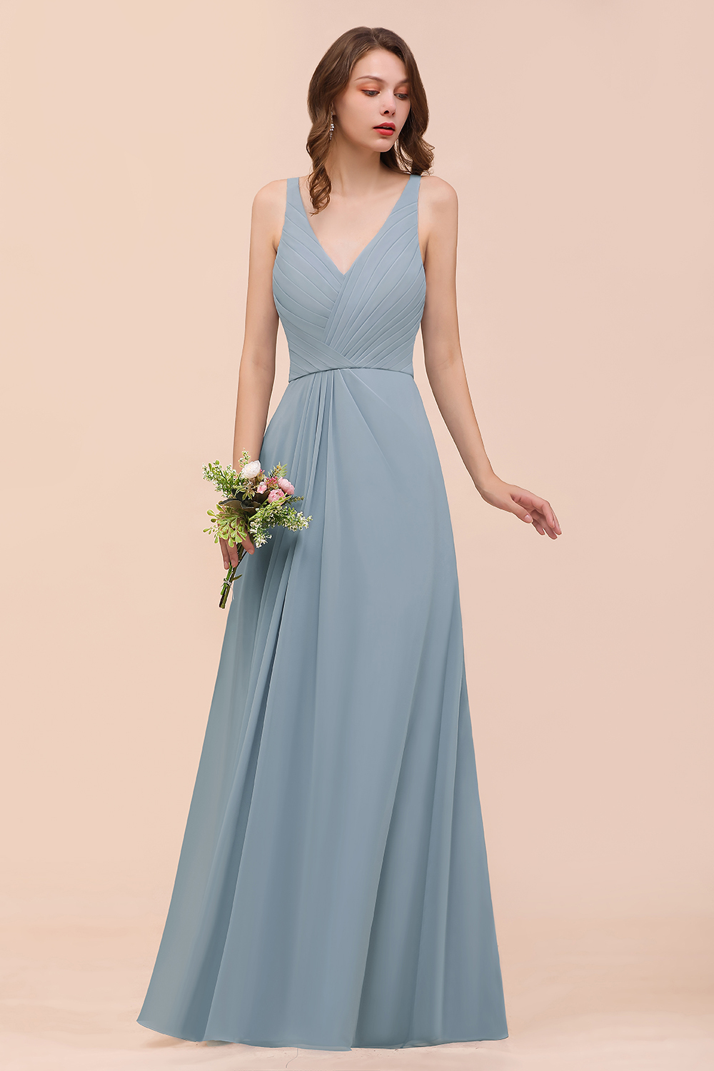 BMbridal Elegant V-Neck Ruffle Dusty Blue Chiffon Bridesmaid Dresses Online-BMbridal