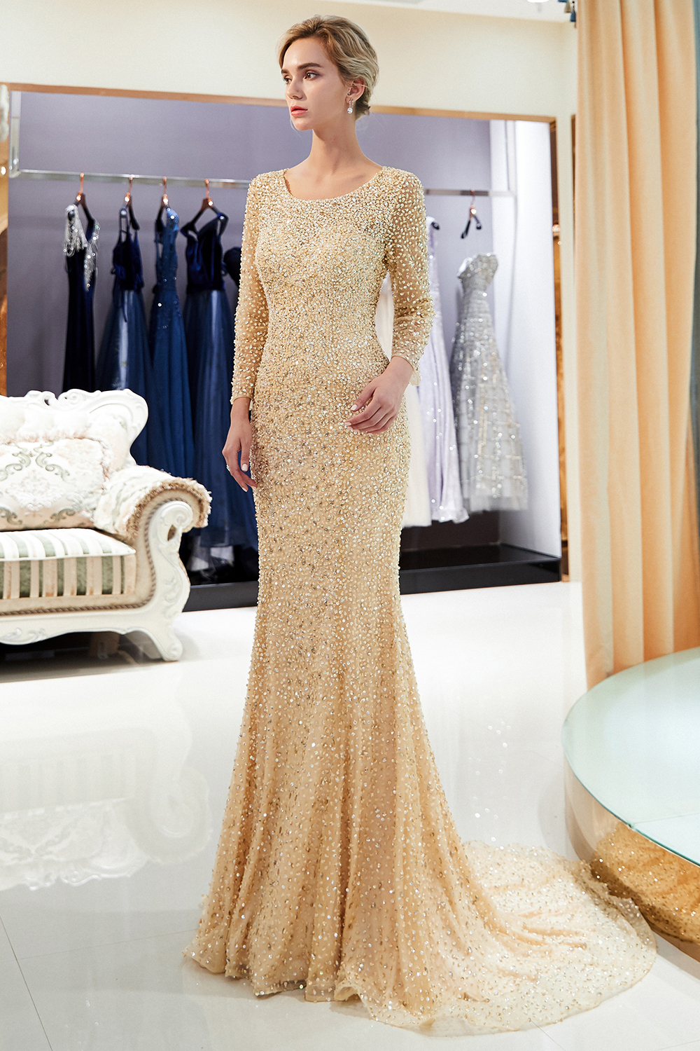 BMbridal Glamorous Mermaid Long Sleeves Prom Dresses Long Sequins Formal Party Dresses