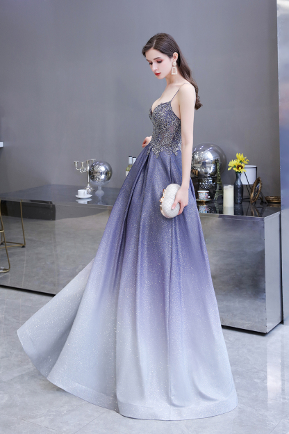 BMbridal Elegant Spaghetti Straps Ombre Prom Dress Long With Appliques Beads