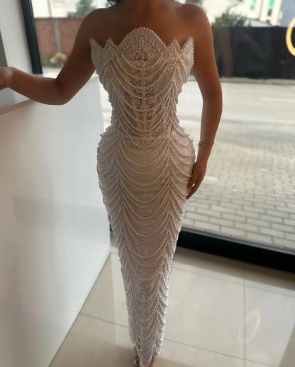 Luxury Strapless Sheath Prom Dress With Lace Pearls Online