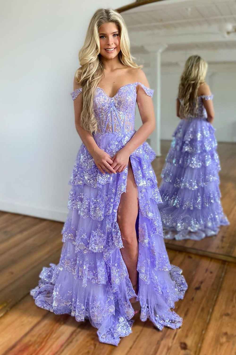 A Line Off the Shoulder Black Corset Prom Dress with Lace Ruffles - Bmbride