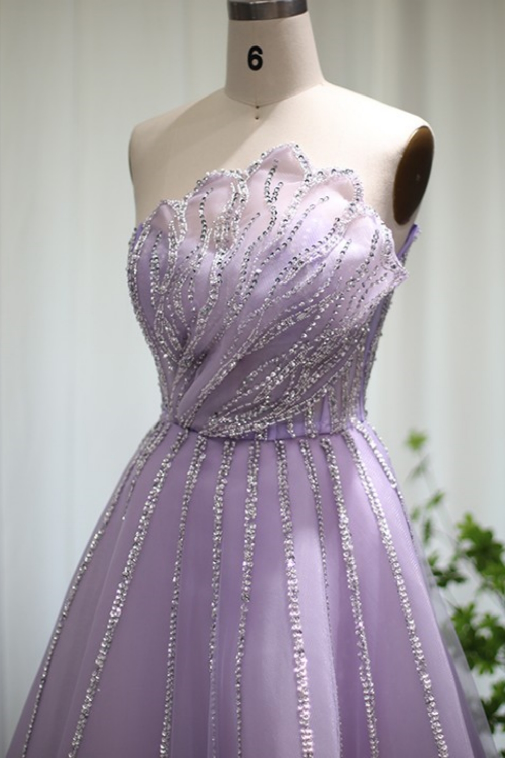 Bmbridal Lilac Tulle Strapless Sleeveless Floor-Length Prom Dresses with Ruffles