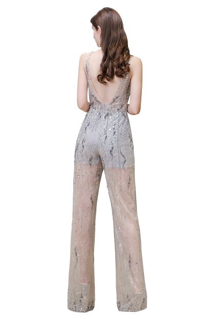 BMbridal Glamorous Jewel Sleeveless Tulle Evening Jumpsuit with Sequins