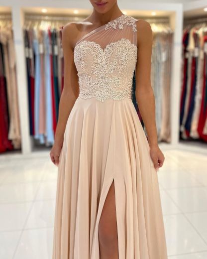 Bmbridal Champagne One Shoulder Prom Dress Split Long With Appliques