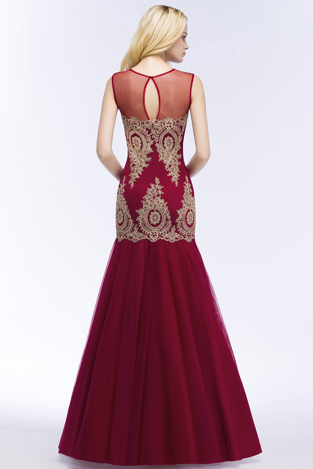 BMbridal Burgundy Lace Appliques Mermaid Prom Dress Long Online