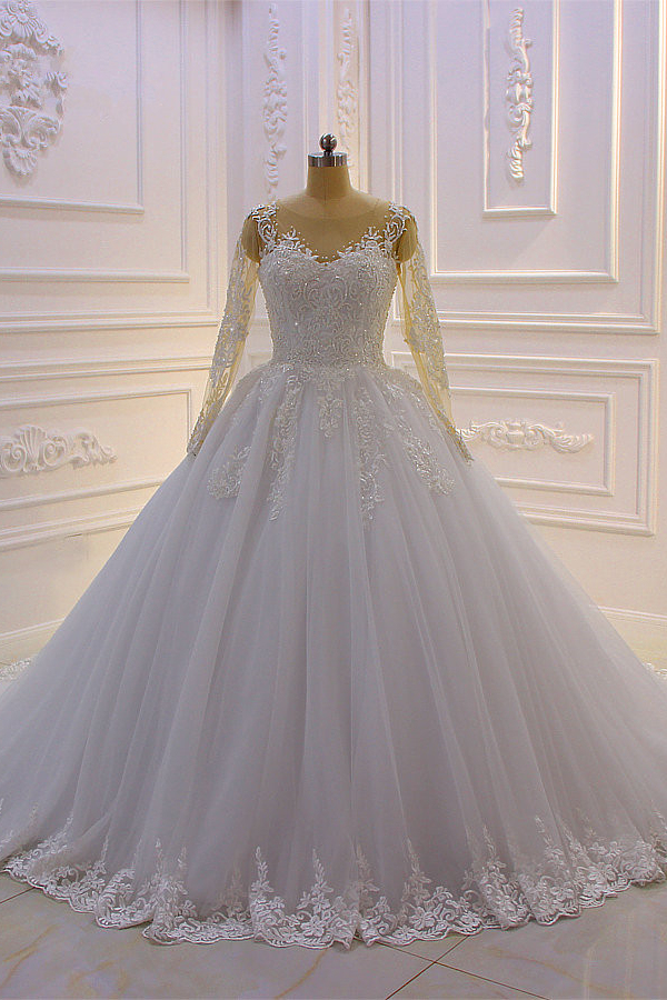 Stylish Long Sleeves Bateau Lace A-Line Wedding Dress with Tulle Pearl Appliques