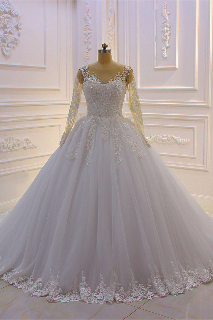 Stylish Long Sleeves Bateau Lace A-Line Wedding Dress with Tulle Pearl Appliques
