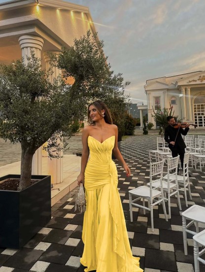 Strapless V Neck Sleeveless Long Prom Dress With Pleated Ruffle