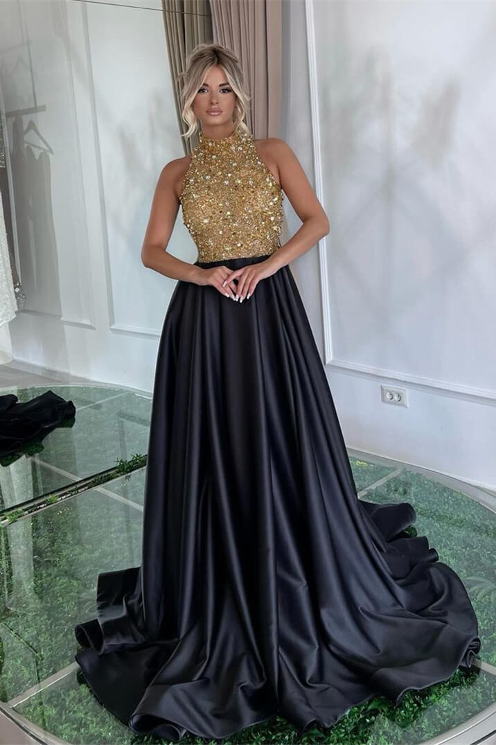 Modern High Neck Sleeveless A-Line Evening Dress Black With Beadings