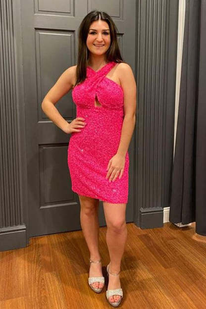 Glitter Turquoise Halter Backless Sequins Tight Homecoming Dress