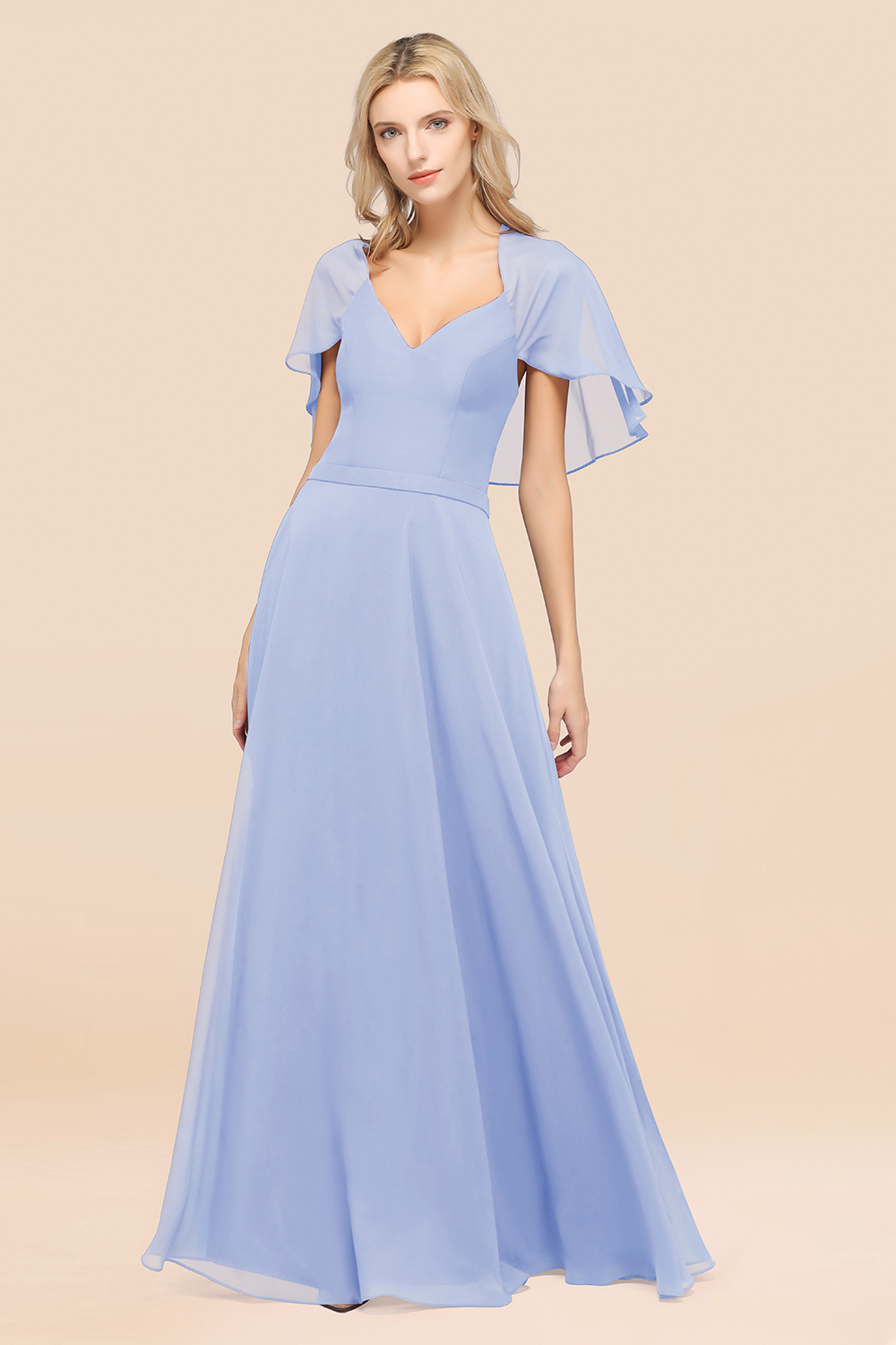 BMbridal Chic Satin V-Neck Long Burgundy Chiffon Bridesmaid Dress with Flutter Sleeve-BMbridal