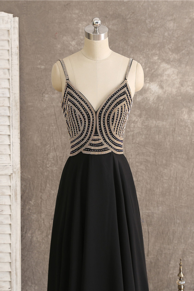 BMbridal Sexy Spaghetti Straps V-Neck Black Prom Dresses Sleeveless with Ruffles Beadings On Sale
