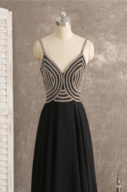 BMbridal Sexy Spaghetti Straps V-Neck Black Prom Dresses Sleeveless with Ruffles Beadings On Sale