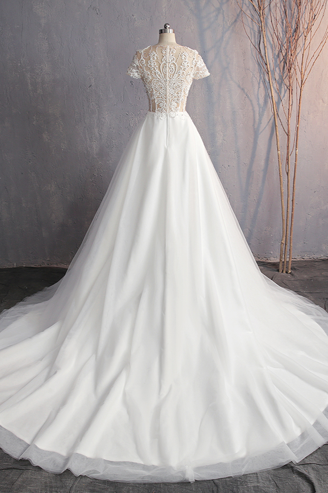BMbridal Affordable V-Neck White Tulle Wedding Dress Short Sleeves Lace Appliques Bridal Gowns with Beadings-BMbridal