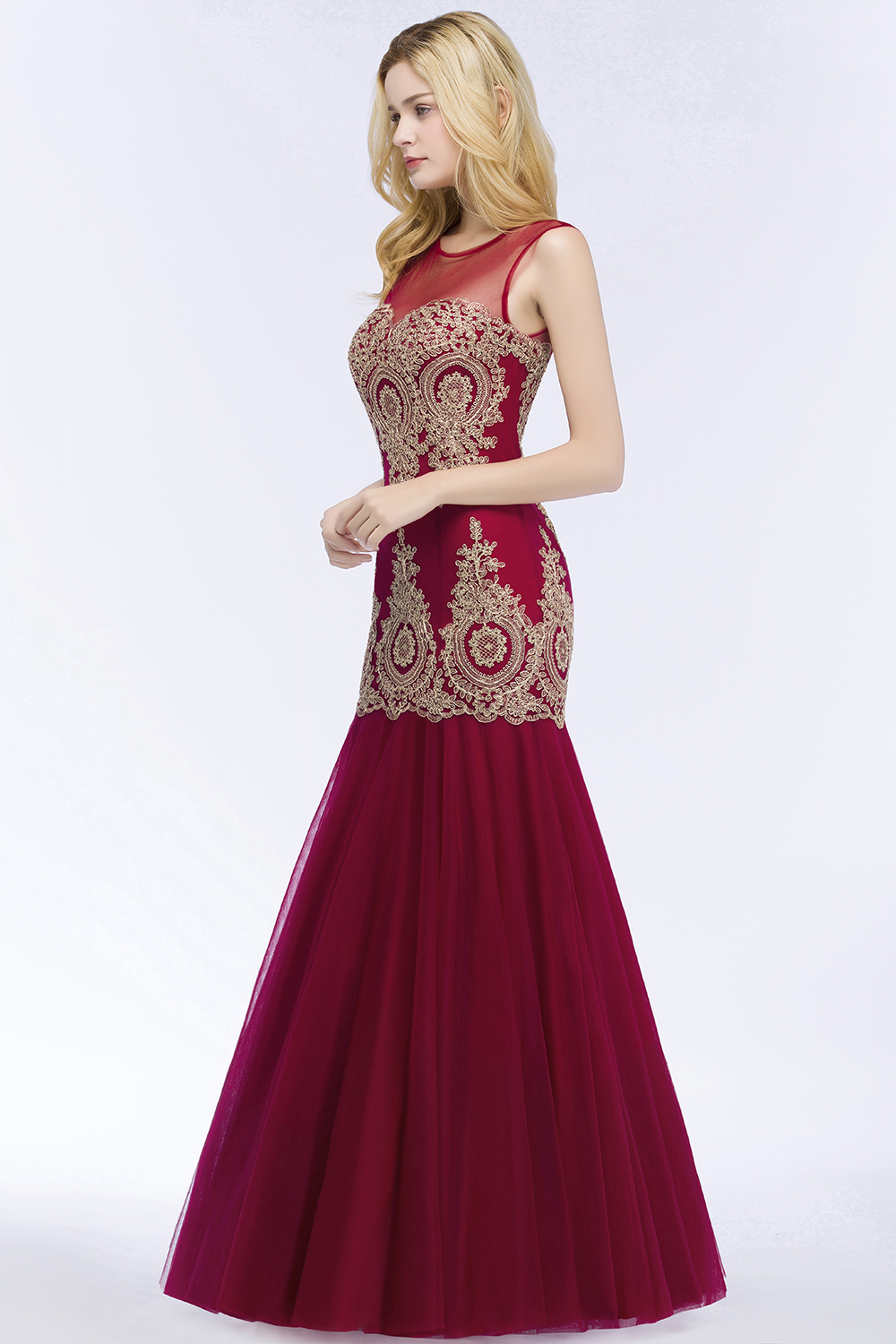 BMbridal Burgundy Lace Appliques Mermaid Prom Dress Long Online