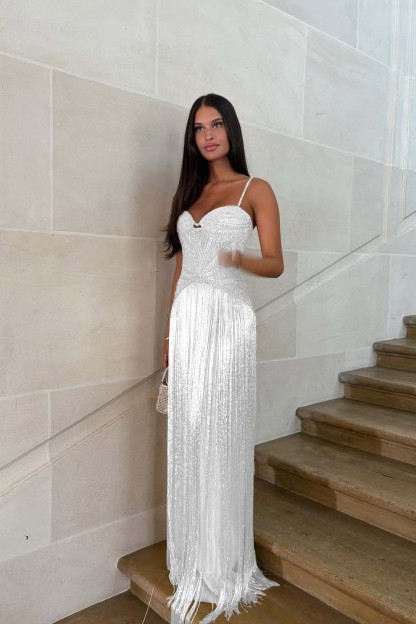 Spaghetti straps Sleeveless Long Prom Dress With Beading Tassel