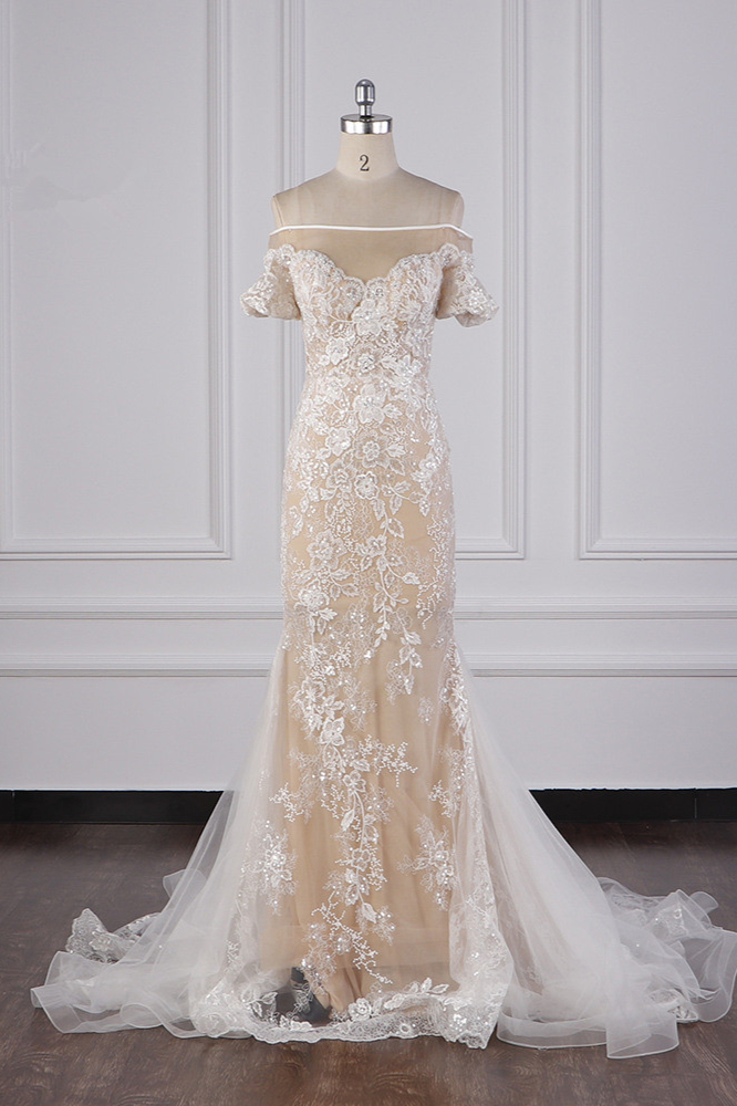 BMbridal Glamorous Mermaid Tulle Lace Wedding Dress Appliques Beadings Short Sleeves Bridal Gowns On Sale-BMbridal