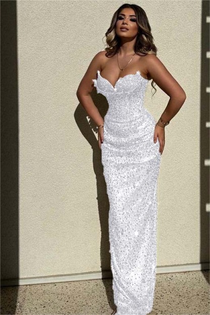 Chic Sequins Strapless Sleeveless High Waist Long Prom Dress With Beadings