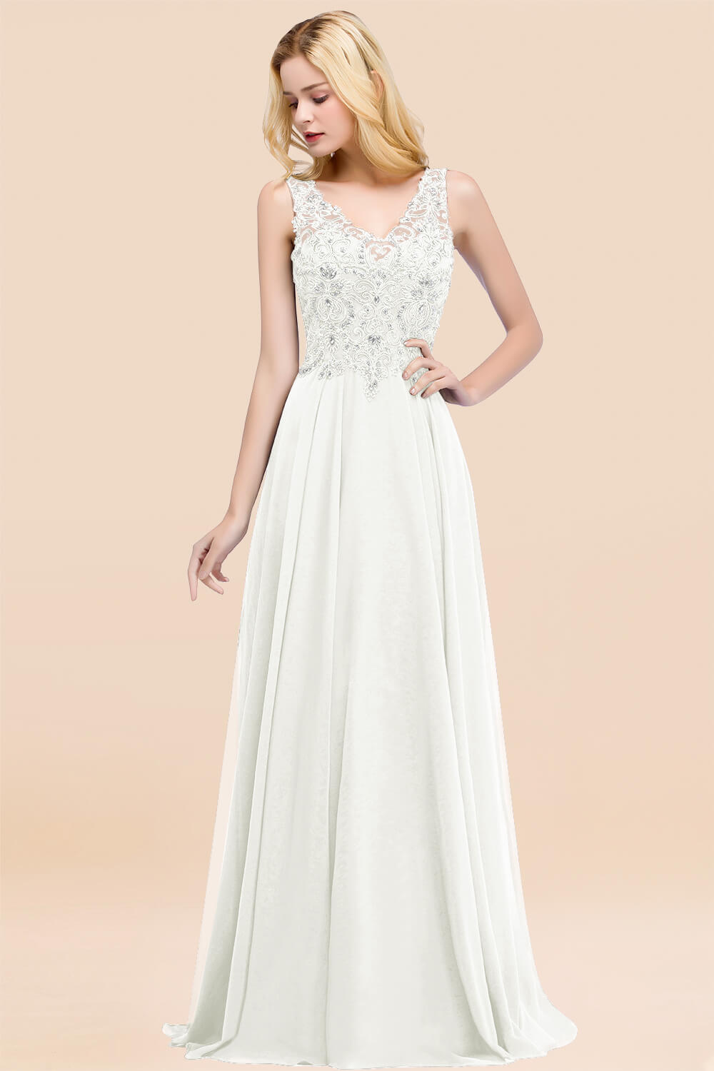BMbridal Affordable Lace V-Neck Navy Bridesmaid Dresses With Appliques-BMbridal