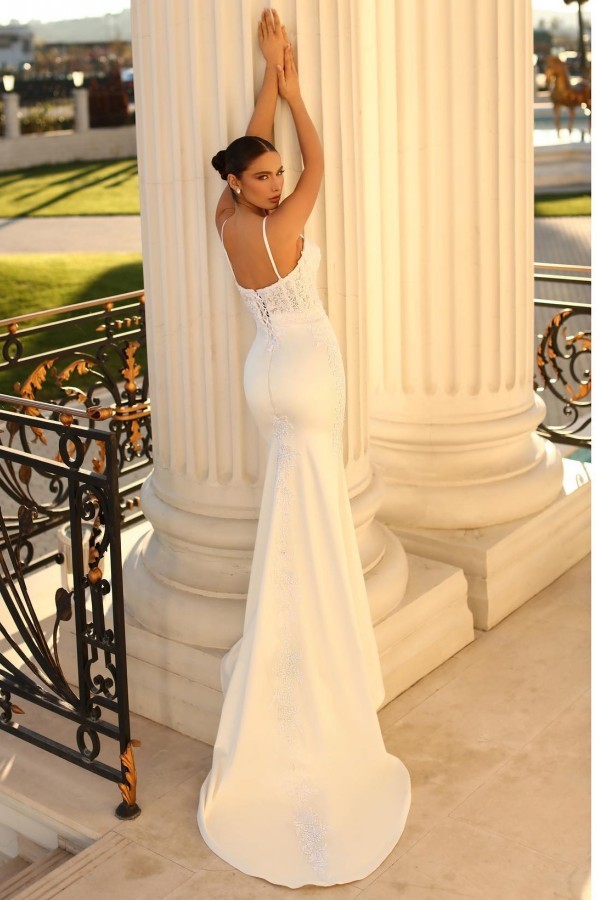 Bmbridal Spaghetti-Straps Lace Wedding Dress Mermaid Sleeveless Online-BMbridal