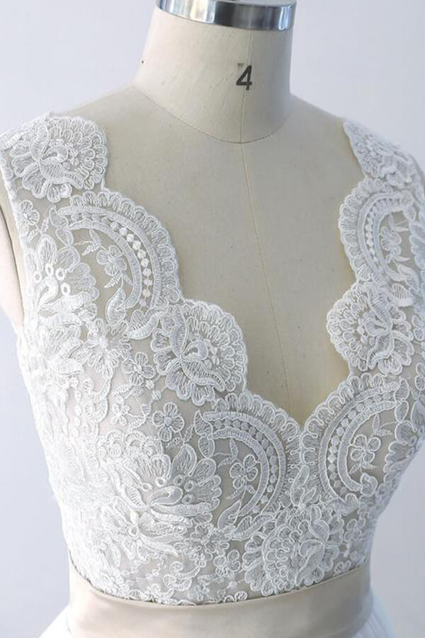 BMbridal Elegant V-neck Lace Tulle A-line Wedding Dress On Sale-BMbridal