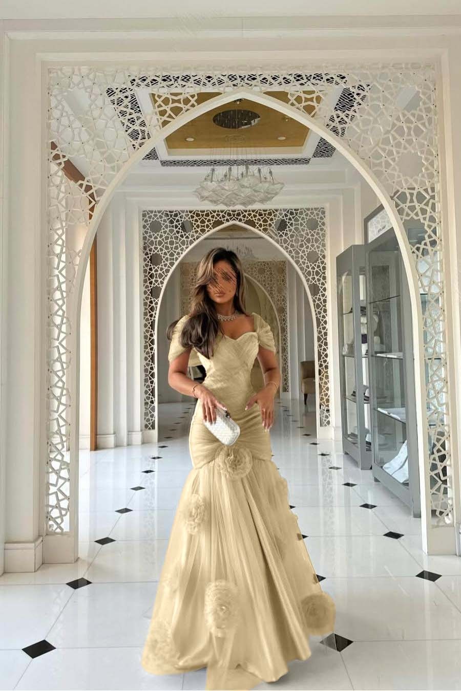 Sweetheart Short Sleeves Long Mermaid Prom Dress With Pleated