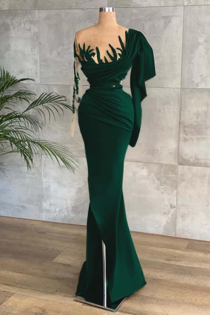 Green Long Sleeves Mermaid Side Split Prom Dress With Appliques