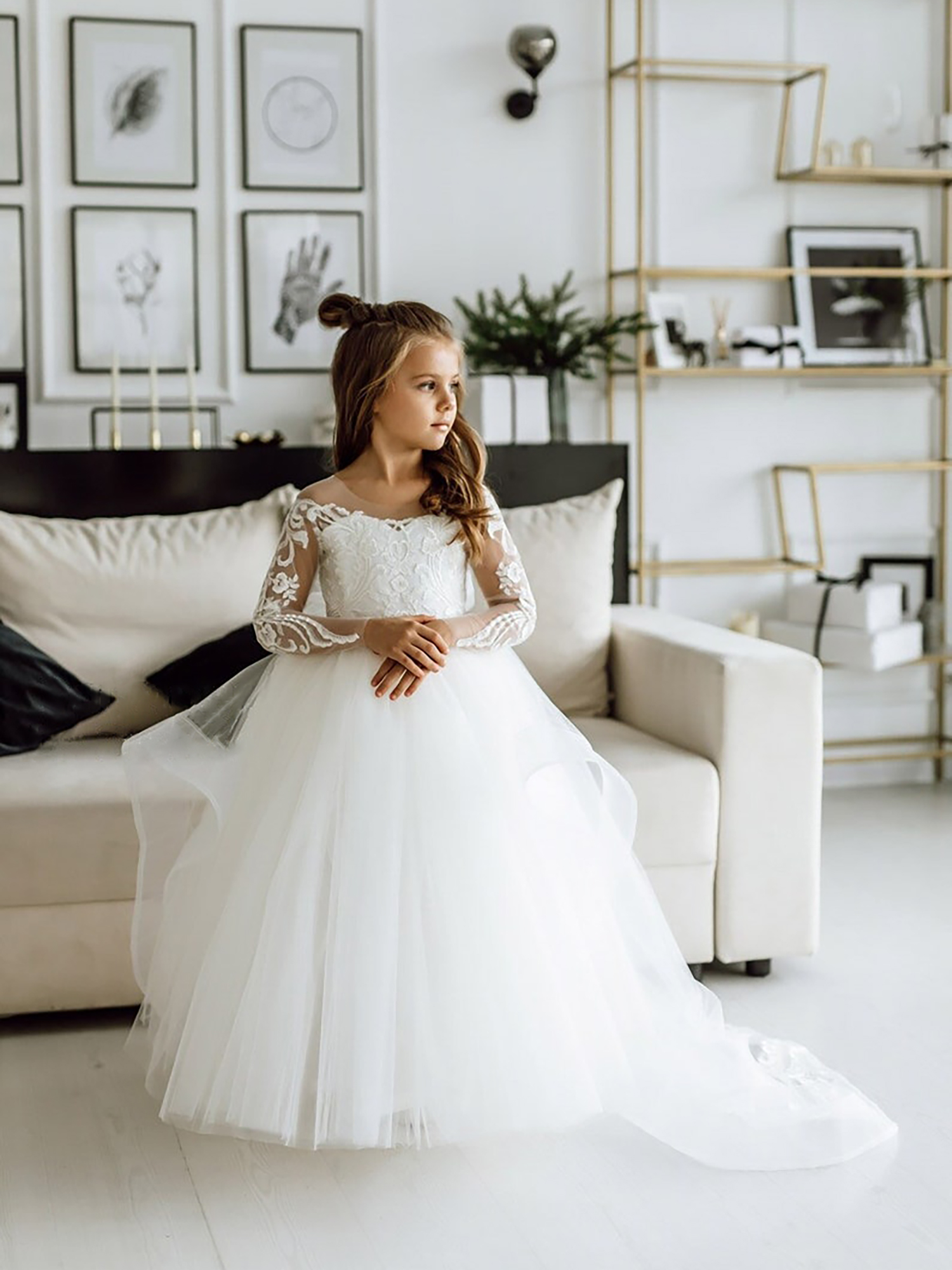 Romantic Long Sleeves Ivory Tulle Lace Appliques Flower Girl Dress-BMbridal