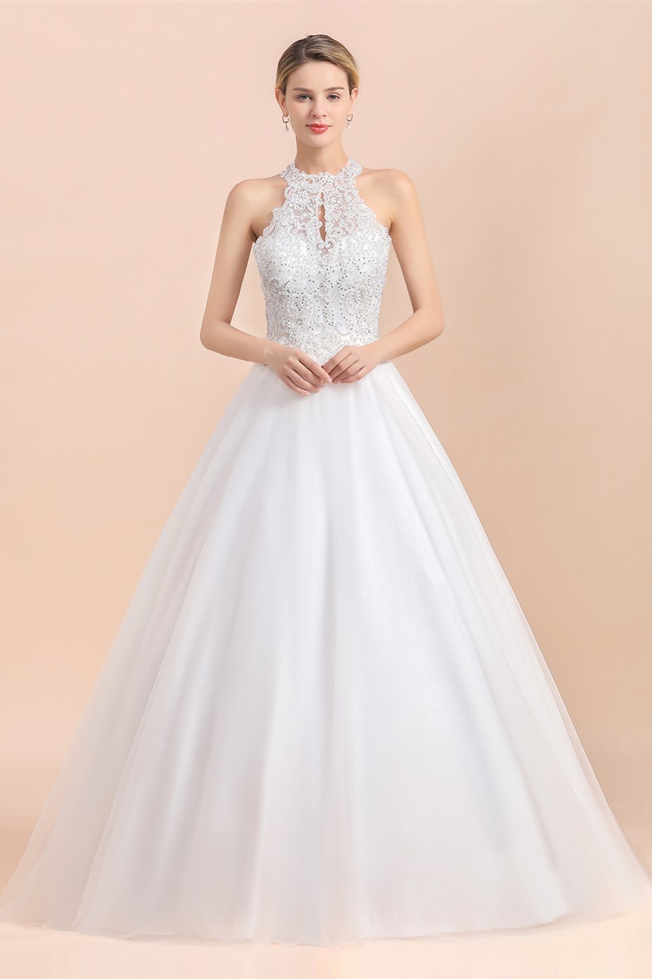 BMbridal Exquisite High-Neck Lace Wedding Dress Appliques Sequins Sleeveless Bridal Gowns On Sale-BMbridal