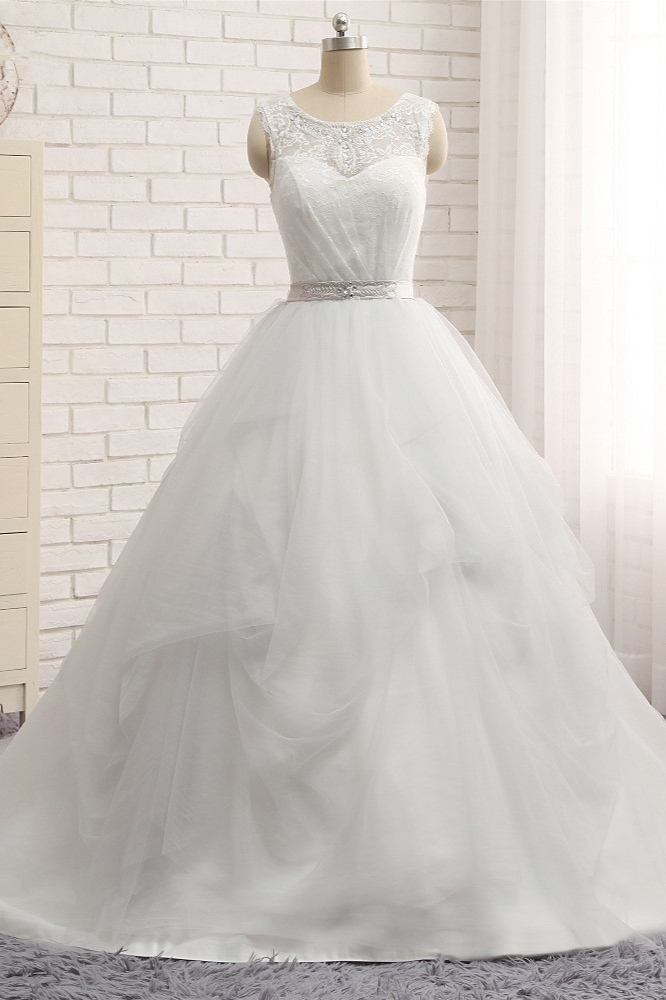 BMbridal Affordable Jewel Sleeveless Lace Wedding Dresses A line Tulle Bridal Gowns On Sale