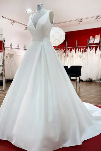 Modest A-Line Long V-Neck Satin Open Back Wedding Dress with Ruffles