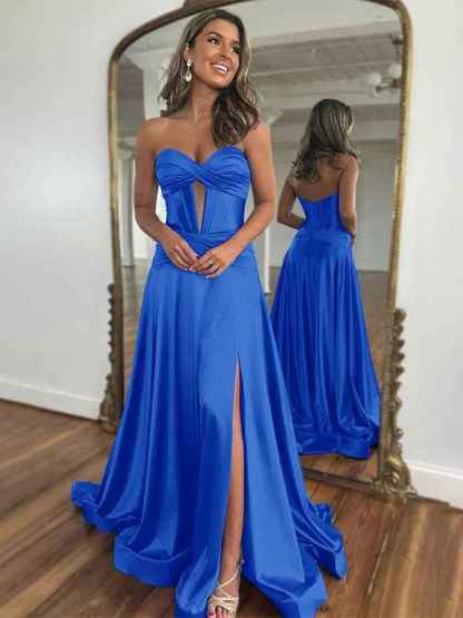 Navy Mermaid Strapless Corset Bodice Prom Dress with Slit