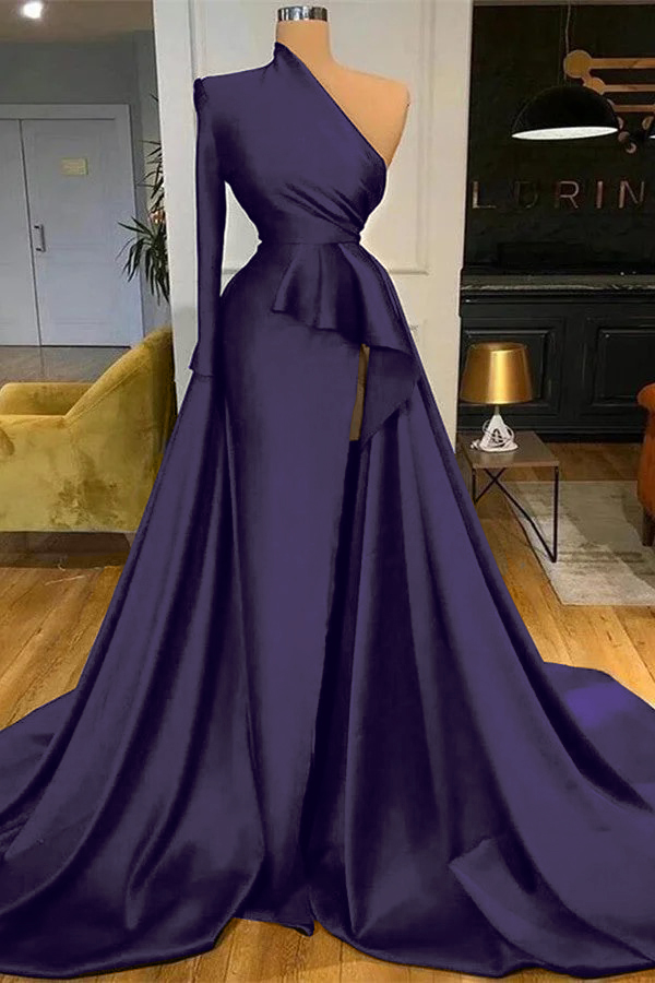 Mermaid Long Sleeve One Shoulder Dark Blue Long Prom Dress With High Split