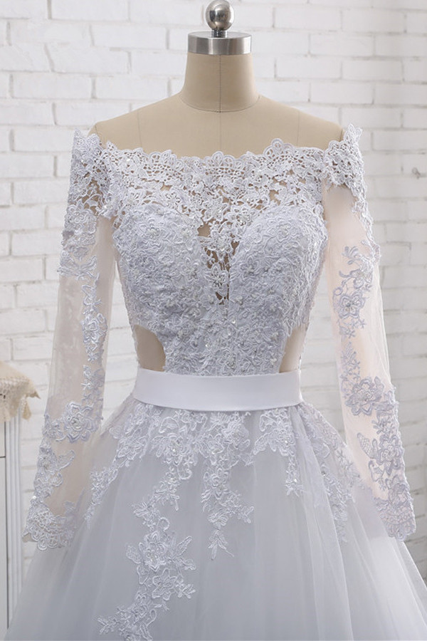 BMbridal Stylish Off-the-Shoulder Long Sleeves Wedding Dress Tulle Lace Appliques Bridal Gowns with Beadings On Sale-BMbridal