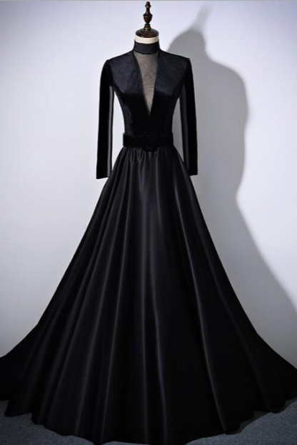 BMbridal Chic V-Neck Ruffles Black A-Line Prom Dresses Long Sleeves Evening Dresses with Sash