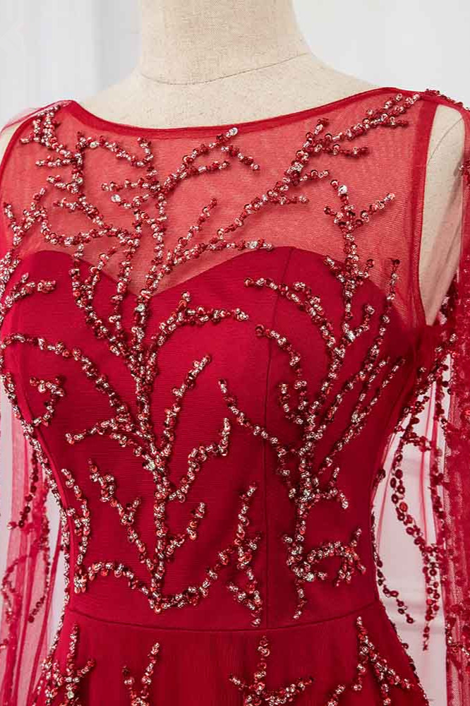 BMbridal Gorgeous Tulle Jewel Ruffle Burgundy Prom Dresses with Beadings Online
