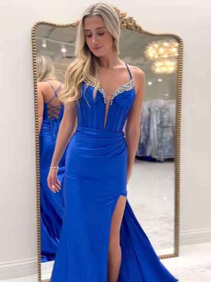 Sparkly Black Mermaid Spaghetti Straps Grey Corset Prom Dress with Slit