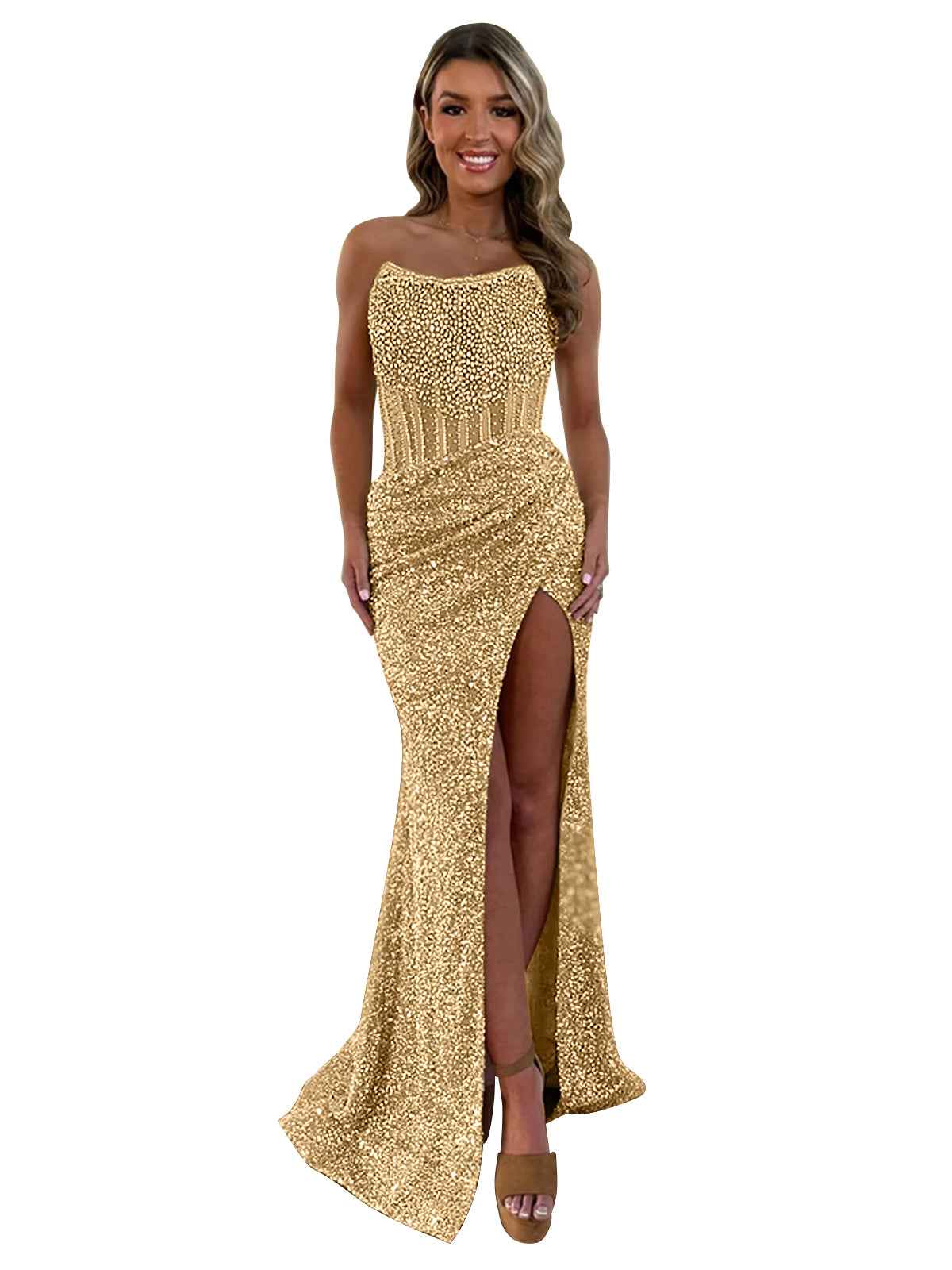Gorgeous Sparkly Strapless Long Mermaid Prom Dress with Slit - BMBRIDAL