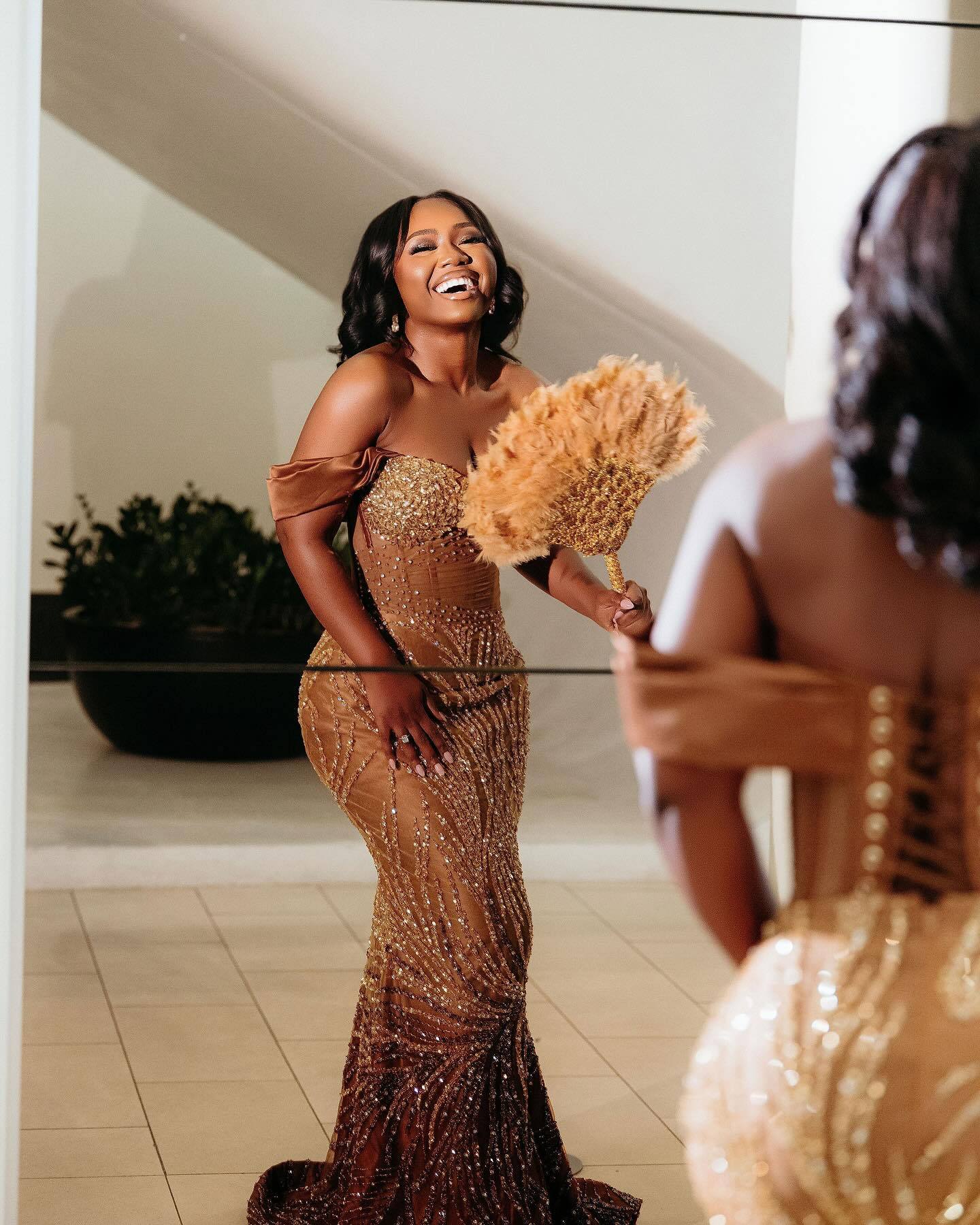 Golden Sunset - Ombre Beaded Mermaid Prom Dress with Feather Trim