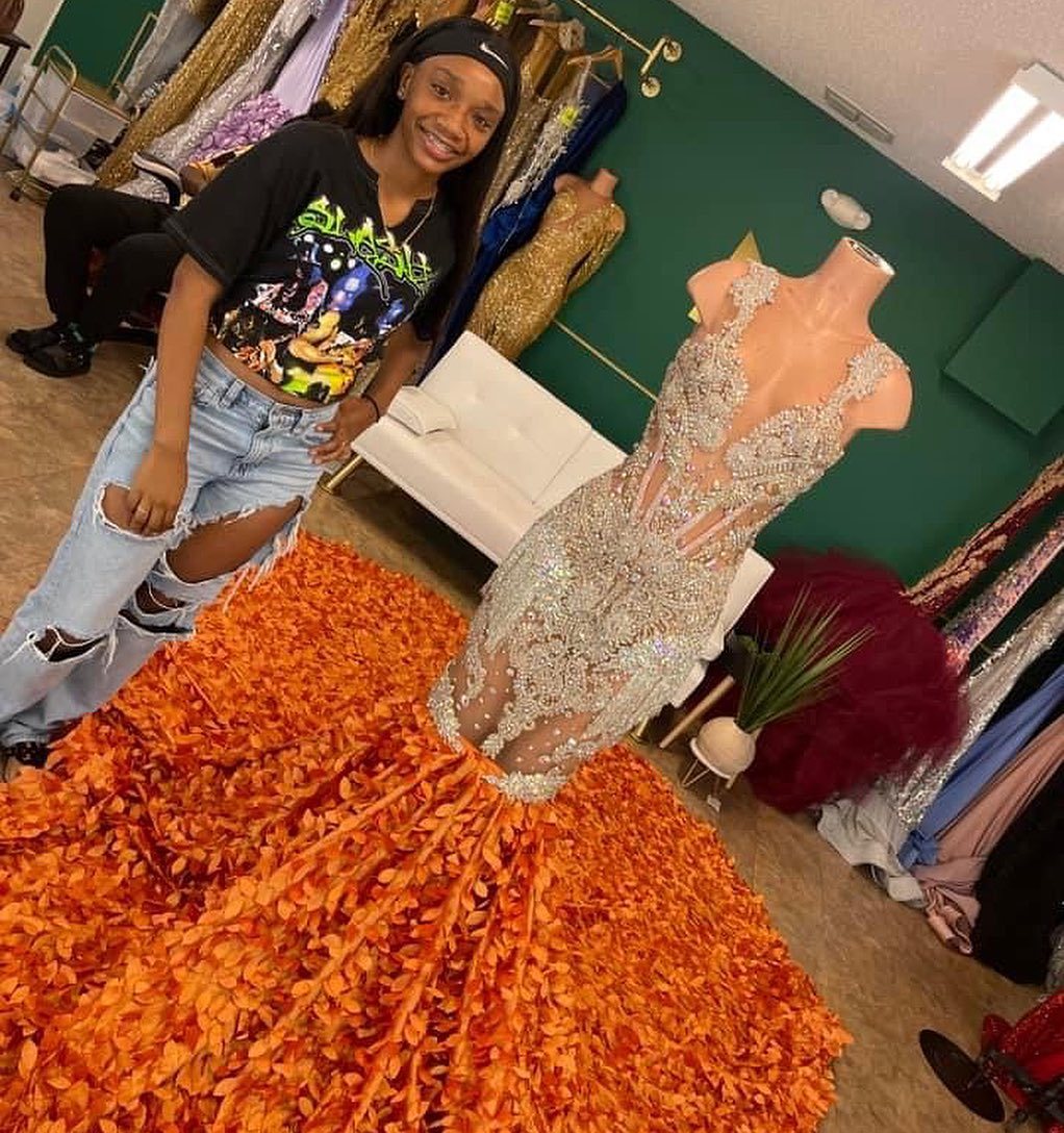 Orange Flame - Crystal Beaded Prom Dress with Massive 3D Petal Train