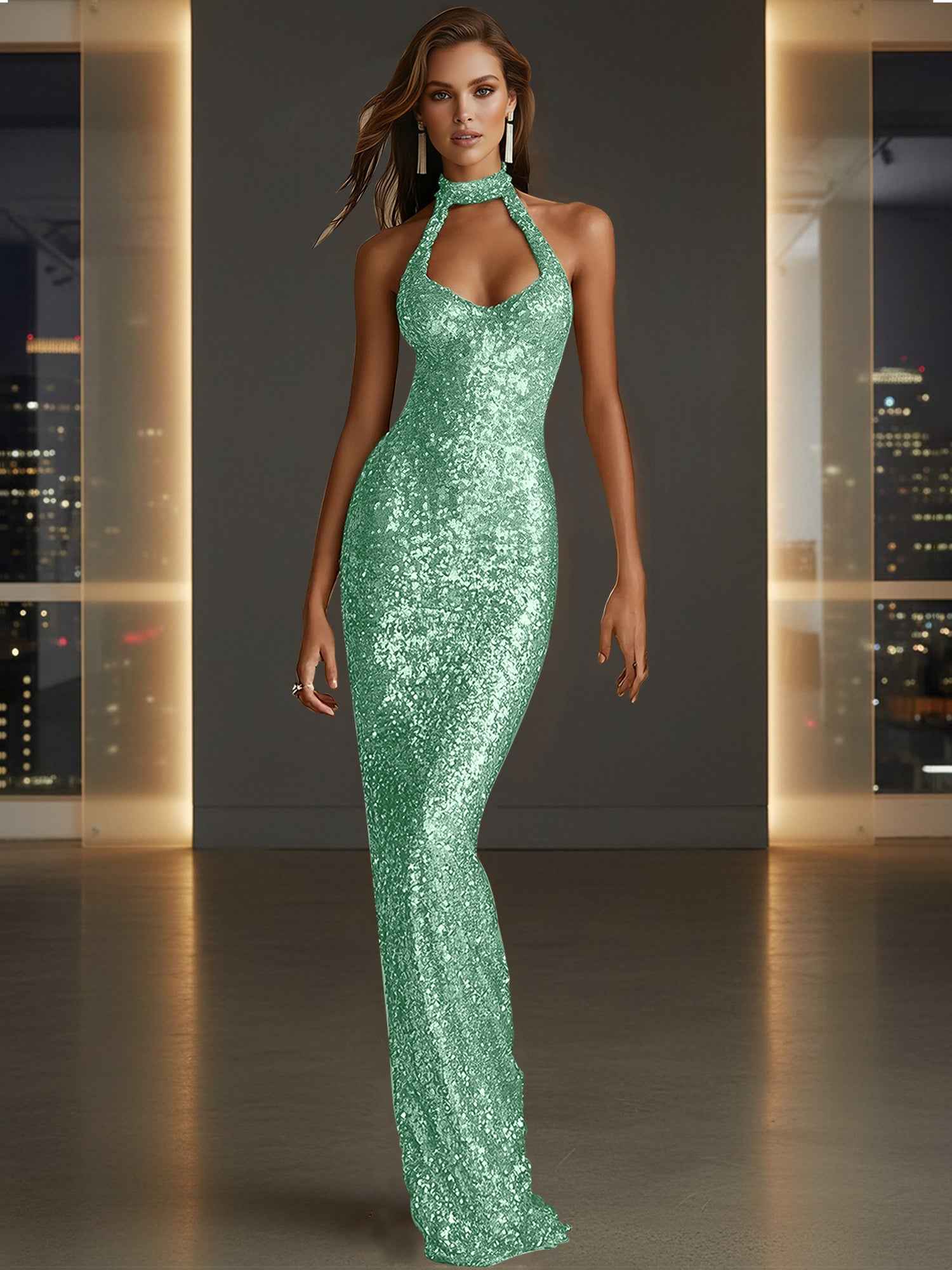 Glamorous Gold Sequin Halter Neck Mermaid Long Prom Dress