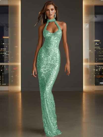 Glamorous Gold Sequin Halter Neck Mermaid Long Prom Dress