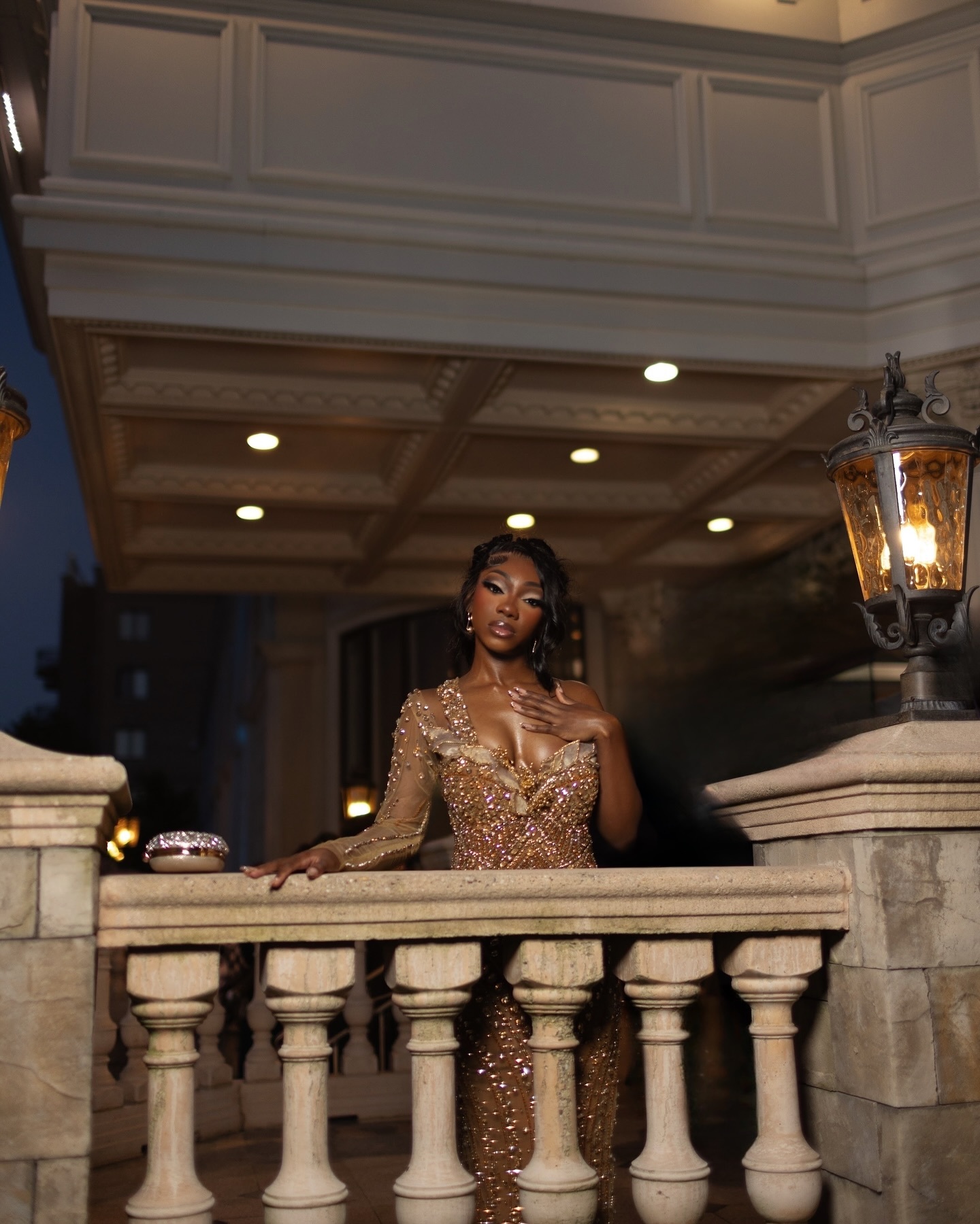 2026 Golden Hour Beaded Prom Dress – Opulent Nude Gold Sequin Gown | Asymmetrical Long Sleeve & One Shoulder