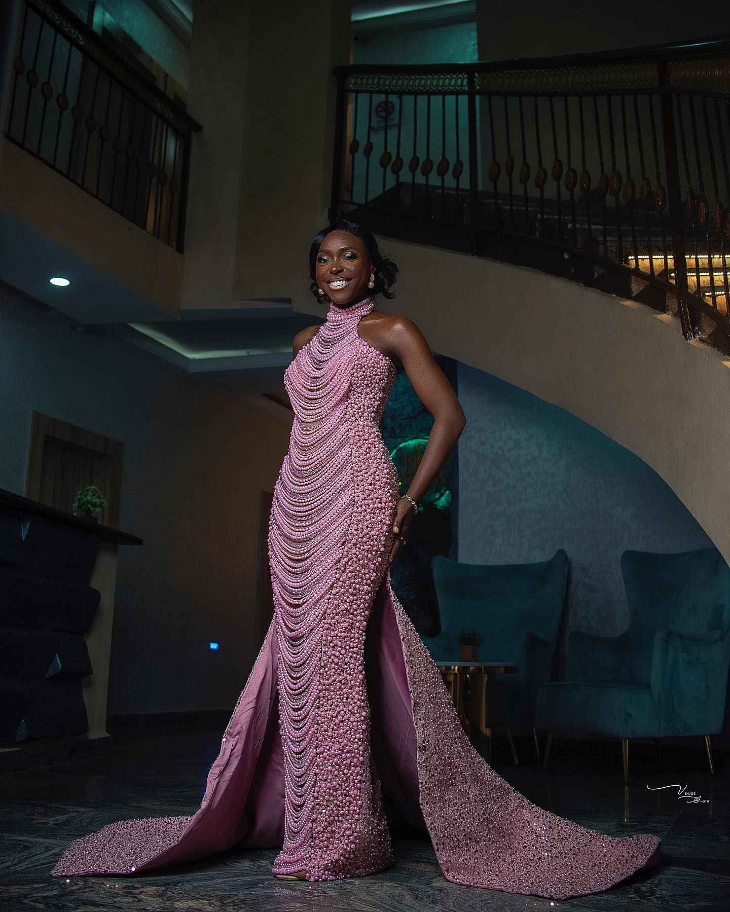 The Pink Pearl - 2026 Pearl Beaded Mermaid Gown: High Halter Neckline with Cascading Pearl Fringe Draping & Asymmetric Beadwork