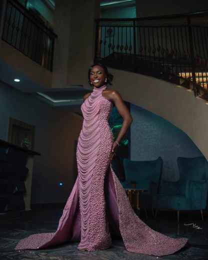 The Pink Pearl - 2026 Pearl Beaded Mermaid Gown: High Halter Neckline with Cascading Pearl Fringe Draping & Asymmetric Beadwork