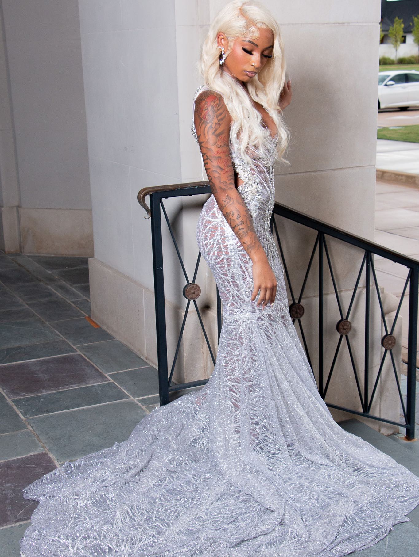 2026 Luxury Silver Galactic Mermaid Prom Dress – Illusion Plunging Neckline with Hand-Beaded Pearls & Crystals | High-End Couture Evening Gown with Cathedral Train